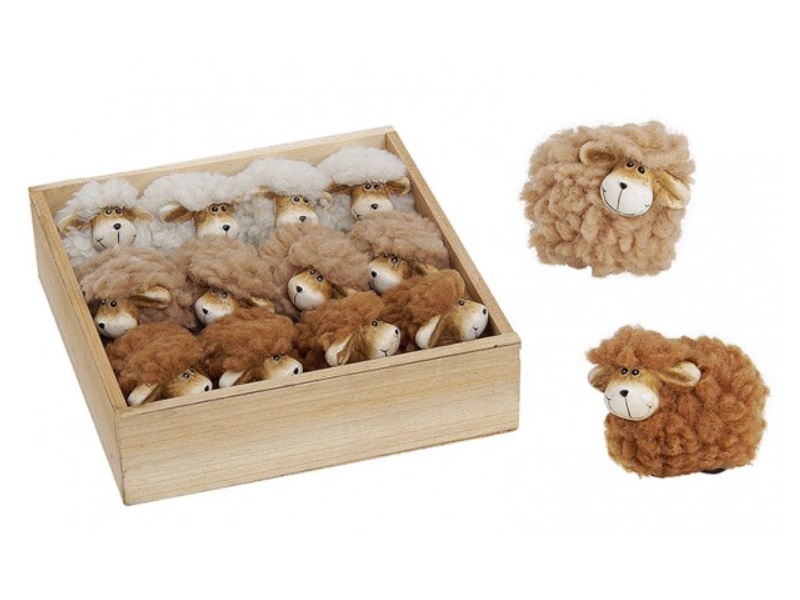 12er Set süße Schafe in Holzbox mit Kunstfell aus Ton weiß/oka/braun B5xH4xT3cm