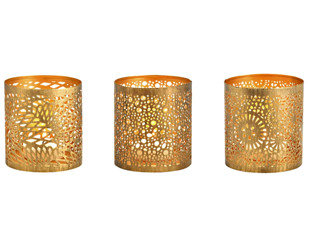 3 Windlichter aus Metall mit Ornamenten Ø10 x H11 cm - gold