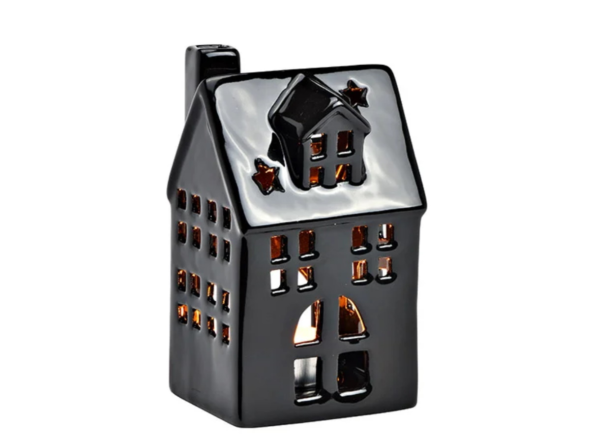 Windlicht Lichthaus aus Porzellan 13 cm - schwarz