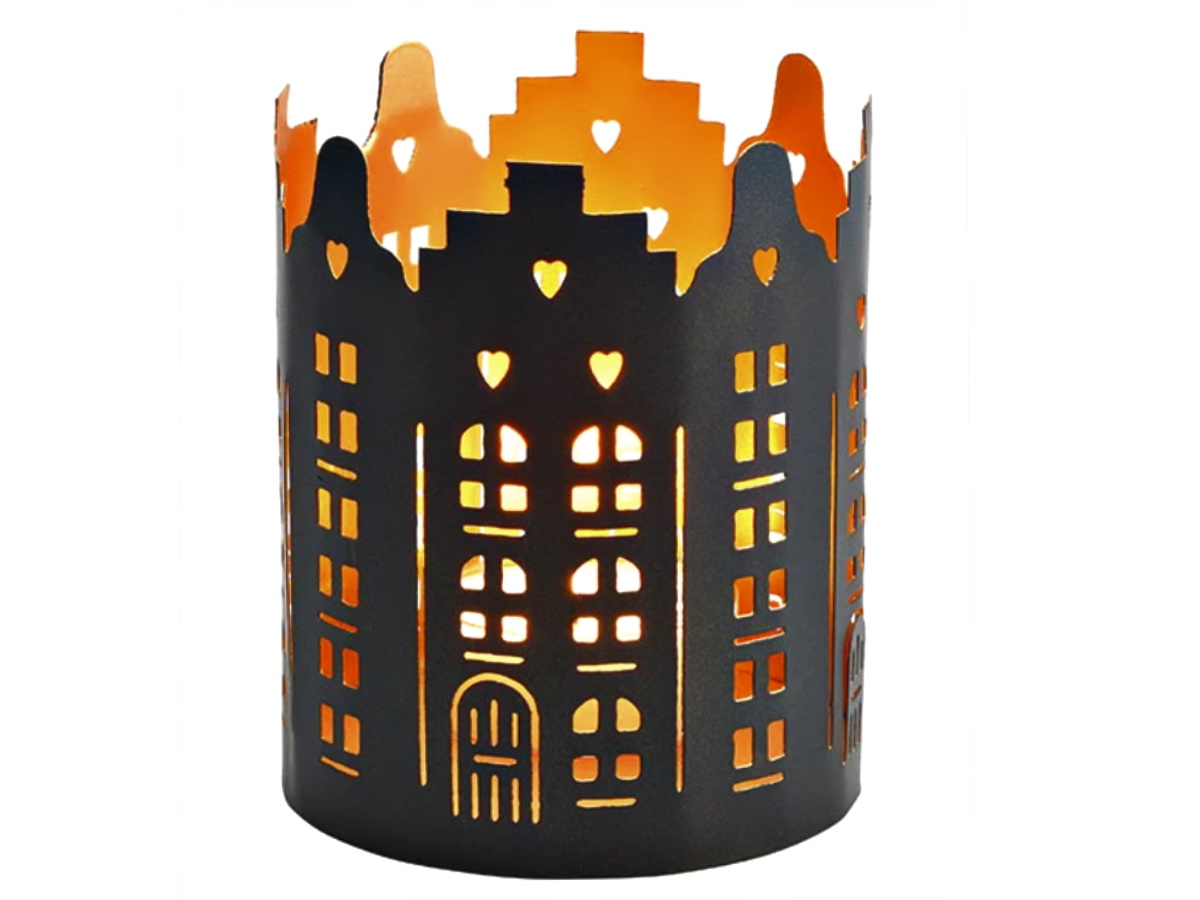 Windlicht mit Kulisse Altstadt-Häuser aus Metall 13 cm - schwarz