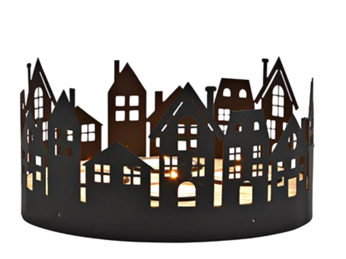 Teelichthalter mit Altstadt-Häuser Strassenkulisse aus Holz/Metall 16 cm - schwarz / natur
