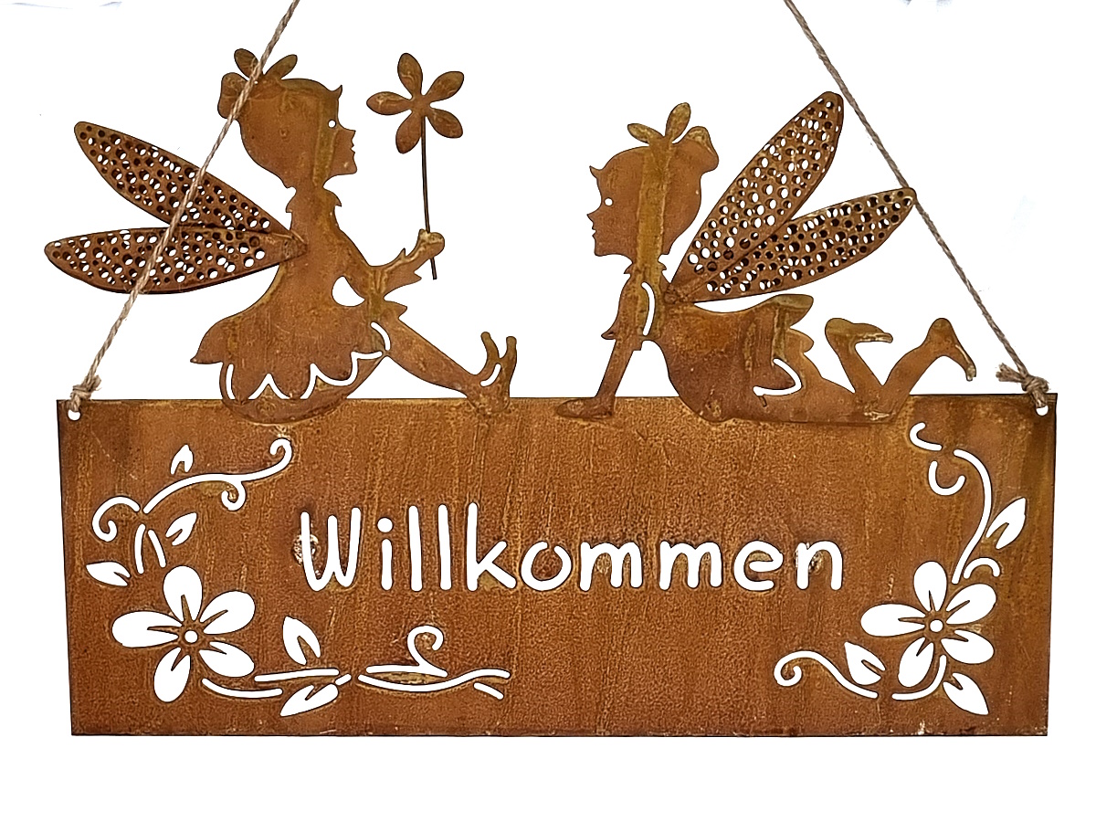 Anhänger " Willkommen " mit Feen Wandbild Türschild aus Metall - Breite 24,5 cm