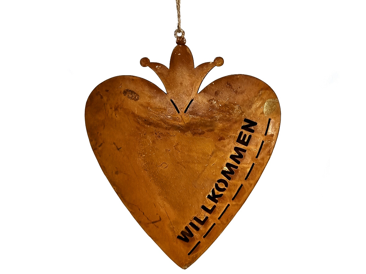Anhänger " Willkommen " Herz mit Krone Wandbild Türschild aus Metall - Breite 12,5 cm