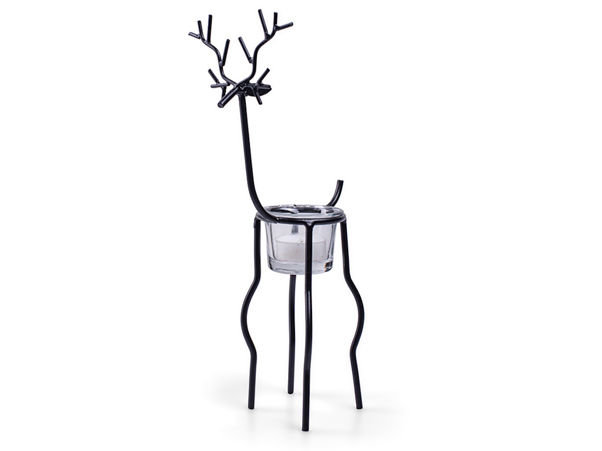 Kerzenhalter Rentier aus Metall mit Windlicht aus Glas Höhe 30 cm - Schwarz